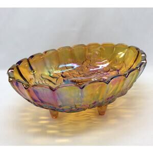 Vintage Amber Carnival Glass Oval Footed Bowl